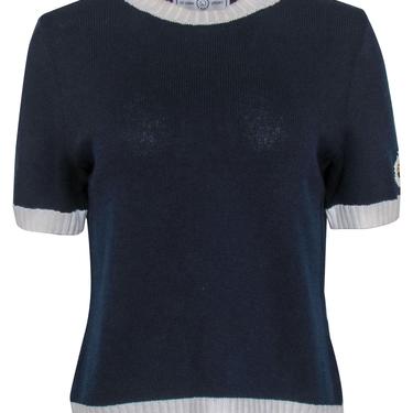 St. John - Navy &amp; White Short Sleeve Crewneck Sweater w/ Embroidered Logo Patch Sz S