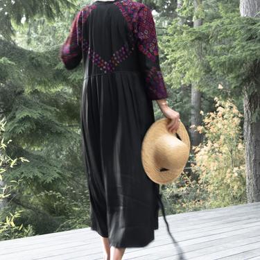 Antique Hand Embroidered Dress | Kuchi Afghani Black Silk kaftan dress | Vintage Bedouin Indian Dress | 60s Hippie Bohemian Folk Solstice 