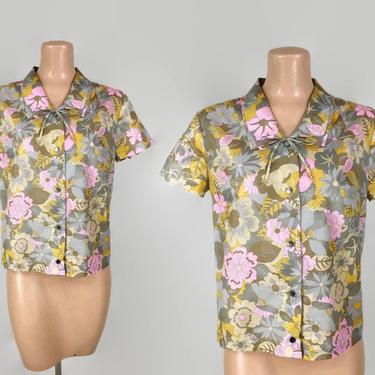 VINTAGE 60s MOD Floral Boxy Trevira Bow Tie Blouse | 1960s Double Collar Button Down Top | Vintage Summer Separates | Sz 42 XL Plus 