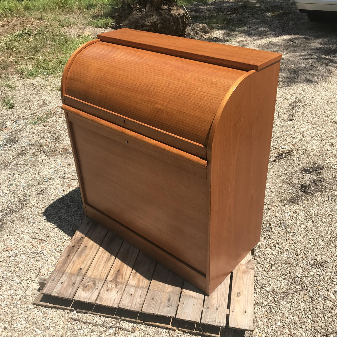 Vintage Mid Century Danish Teak Tambour Door Sliding Writing Desk