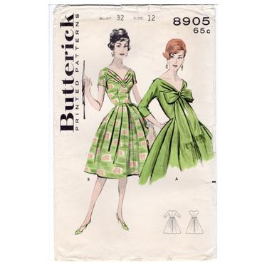 Vintage 1950s Butterick Sewing Pattern 8905, Misses Dress w/ Bodice Interest, Cocktail Party Dress w/V Neck, Fitted Bodice, Size 12 Bust 32 