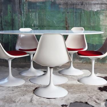 Oval Dining Table + 5 Chairs SET Mid Century Mod Vintage Swivel Tulip Chairs attributed to Knoll Saarinen MCM Danish Scandinavian eames era 