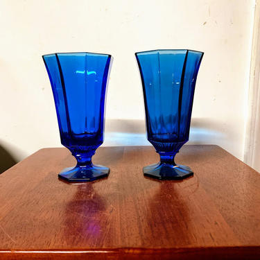 Vintage Pair of Octagonal Cobalt Blue Footed Tumblers 