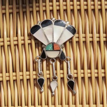 Vintage Signed Juan &amp; Charlene Chico Zuni Native American Multi-Stone Inlay Sungod Pendant, Silver, Mother of Pearl, Jet, Coral, Turquoise 