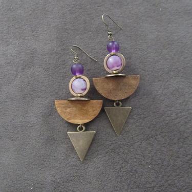 Wooden earrings, purple glass earrings, Afrocentric jewelry, African earrings, mid century modern earring, antique bronze bohemian earrings 