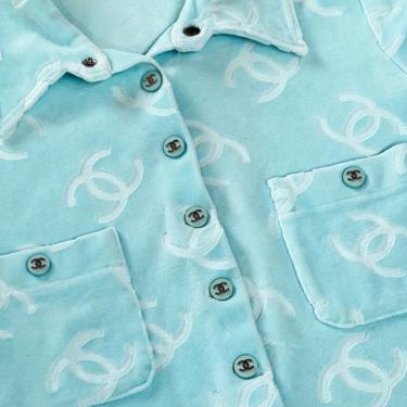 Vintage CHANEL Spring 1996 Teal Blue CC VELOUR Button down Top Blouse Fr 38 - Iconic Collectors Piece! 