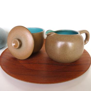 Heath Ceramics Cream and Sugar In Nutmeg and Turquoise, Edith Heath Small Pitcher and Lidded Bowl in Aqua and Brown 