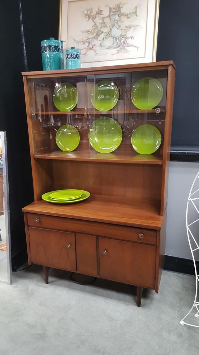 Midcentury walnut china with upper glass doors Peg Leg