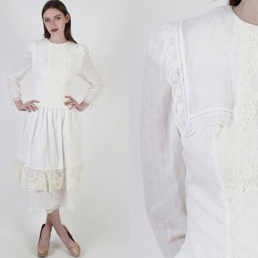Vintage 80s Gunne Sax Dress / Sheer Ivory Floral Lace Bustle / Plain Garden Party Prairie Midi Maxi / Tiered Layered Full Skirt 