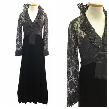 Vintage 70s 80s Victoria Royal LTD Black Velvet Lace Sequin Gown Maxi Dress 