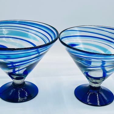 Vintage pair of (2)  Handmade Blown Mexican Margarita Glass Blue Aqua Swirl Recycled Glass- 16 ounces 