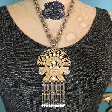 1960s necklace, huge pendant, vintage necklace, mayan, ethnic necklace, gold tone, fringe, statement, aztec, funky jewelry, mod necklace 