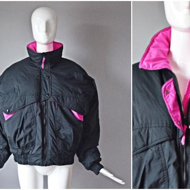 vtg 90s Raewicks black + hot pink colorblock winter ski coat jacket | Size Large pockets high neck nylon zip up casual 1990s streetwear 