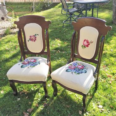 Victorian Upholstered Chairs, Needlepoint Chairs, Hand Embroidered, Shabby Chic, Home Decor 