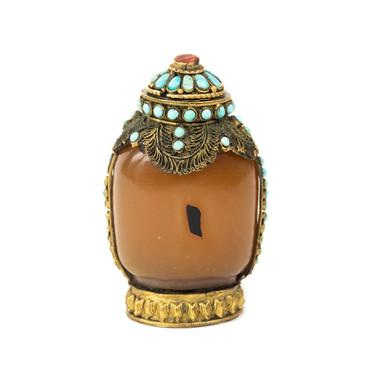 19th C. Chinese Agate Snuff Bottle with Turquoise 