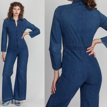 70s Zip Up Denim Flared Leg Jumpsuit - XS to Petite Small | Vintage Blue Jean Bell Bottom Zip Up Retro Outfit 