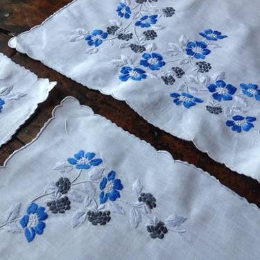 Madeira Linen Table Runner, Set, Placemat, Napkins, Blue Floral Embroidery, Decorative Table Linens 