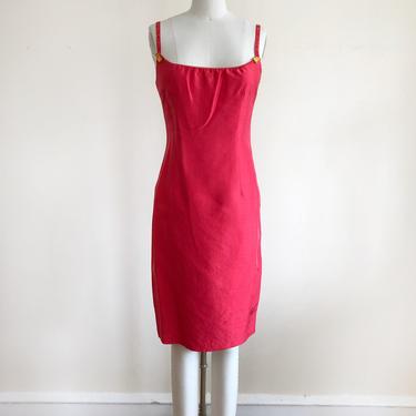 Bright Red Silk Slip Dress with Embroidery and Beaded Straps - 1990s 