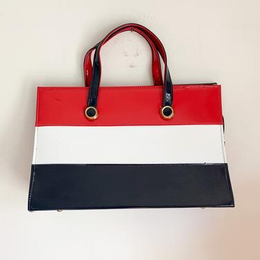 Vintage 1960s Patent Leather Navy, Red &amp; White Over-sized Purse 
