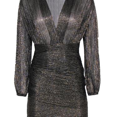 Maje - Black, Gold & Silver Metallic Draped Long Sleeve Mini Dress Sz 2