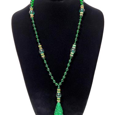 Vintage Green Glass Beaded Necklace - Glass Pendant - Mid Century Style Vintage 
