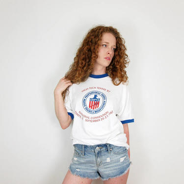 USTA Tennis Ringer Tee // Vintage Athletic T Shirt 80s USPTA Retro Graphic Tampa Florida Mens Souvenir 