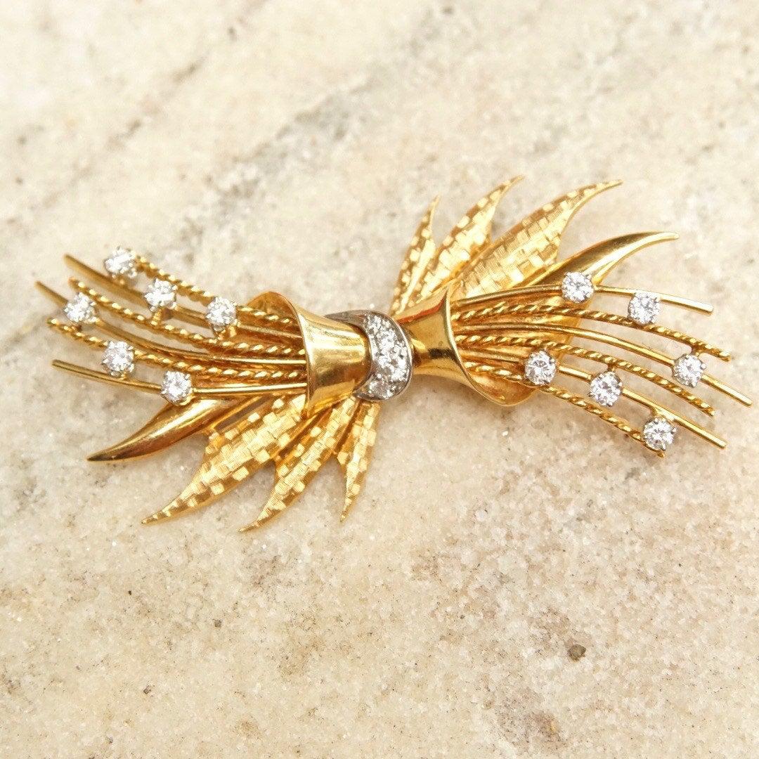 Vintage 18K Gold & Diamond Spray Brooch Pin, 1.5 TWC, Brilliant Cut