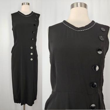 Vintage Forties Black Rayon Sleeveless Sheath Dress with Button Trim - Small 40s Rayon Dress *As Is* 