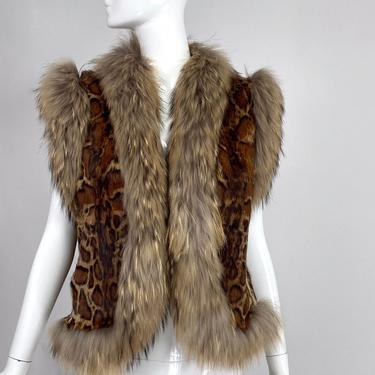 Vintage Fox Fur &amp; Stenciled Faux Ocelot Fur Gilet 1970s