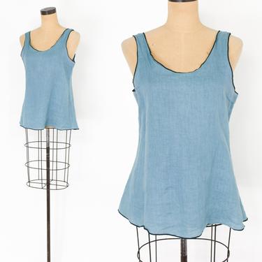 1990s Blue Linen Sleeveless Blouse | 90s Turquoise Blue Linen Top | Cynthia Ashby | Medium 
