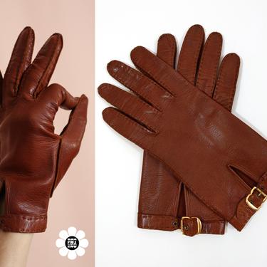 CHIC Vintage 70s Warm Brown Leather Gloves with Gold Adjustable Buckle 