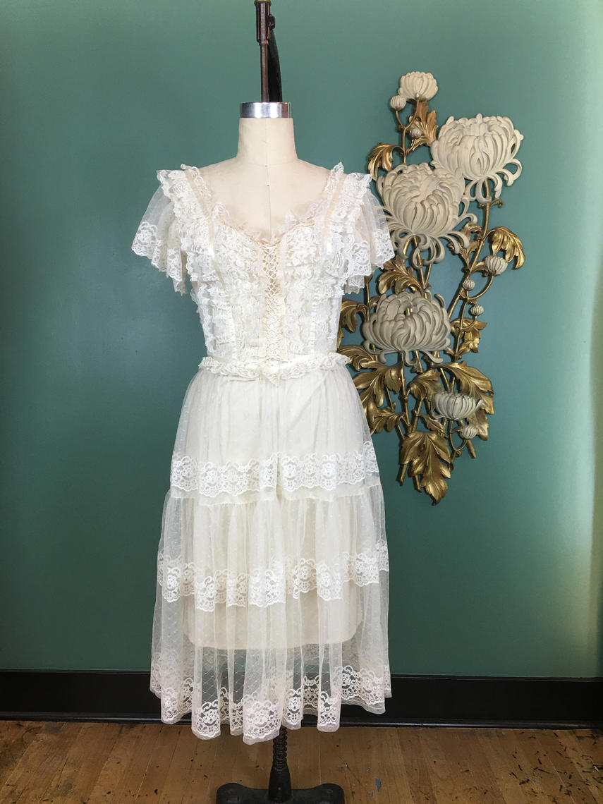 1970s lace up dress, Fredericks of hollywood, sheer lace dress, Black