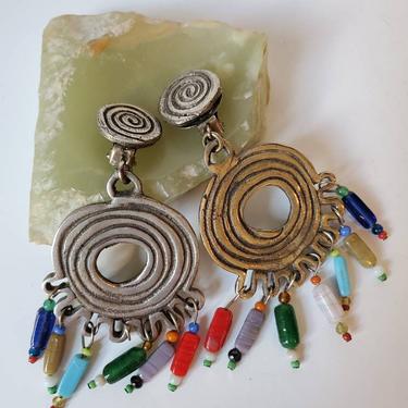 Vintage clip earrings silver deco with multi bead dangle, 1990's 