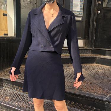 1990’s Vintage Karl Lagerfeld Wool Navy Cropped Jacket and Skirt Set 
