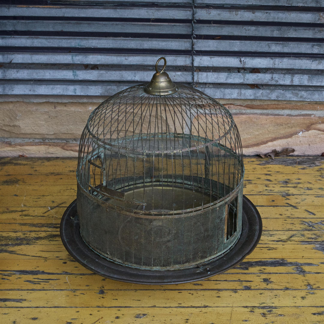 Antique Hendryx Art Nouveau Wrought Iron Bird Cage & Stand With