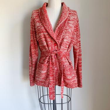 Vintage 1970s Red &amp; White Space Dyed Wrap Cardigan / 