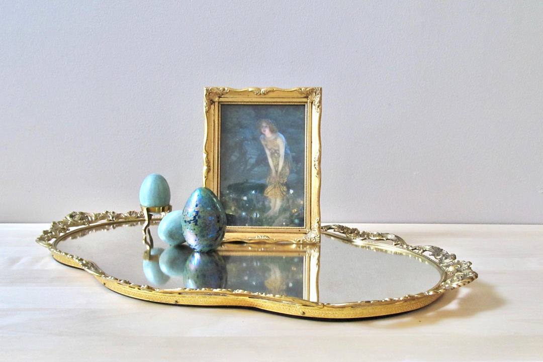 gold plated ormolu vintage vanity tray extra large Ione's Attic