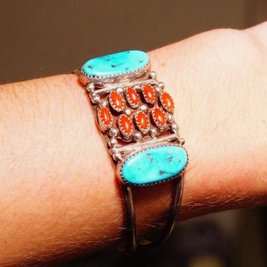 Vintage Signed Native American Sterling Silver Coral & Turquoise Cuff Bracelet, Unique Multi-Stone Wire Cuff, Adjustable, Old Pawn, 5 3/4” L 