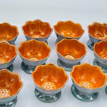Porcelain set of  (12) Dozen  Lusterware Salt Cellars  Orange and Blue with flower center- Chip Free Marked Japan 