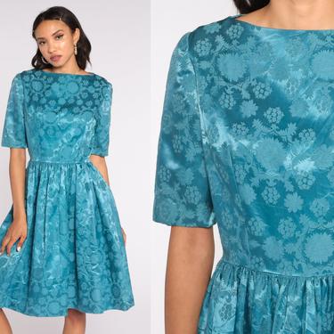 Satin Party Dress 1960s Blue Midi Dress Cream 1/2 Sleeve Dress Prom Dress 50s Mad Men 60s High Waisted Formal Dress Small 4 