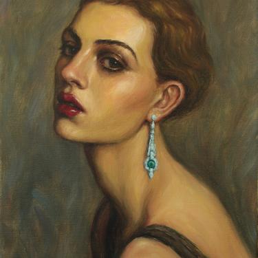 Girl with an Emerald Earring, Large Art Print from Original Painting by Pat Kelley. Woman Portrait, Flapper, 1920's, Art Deco, Vintage Style 