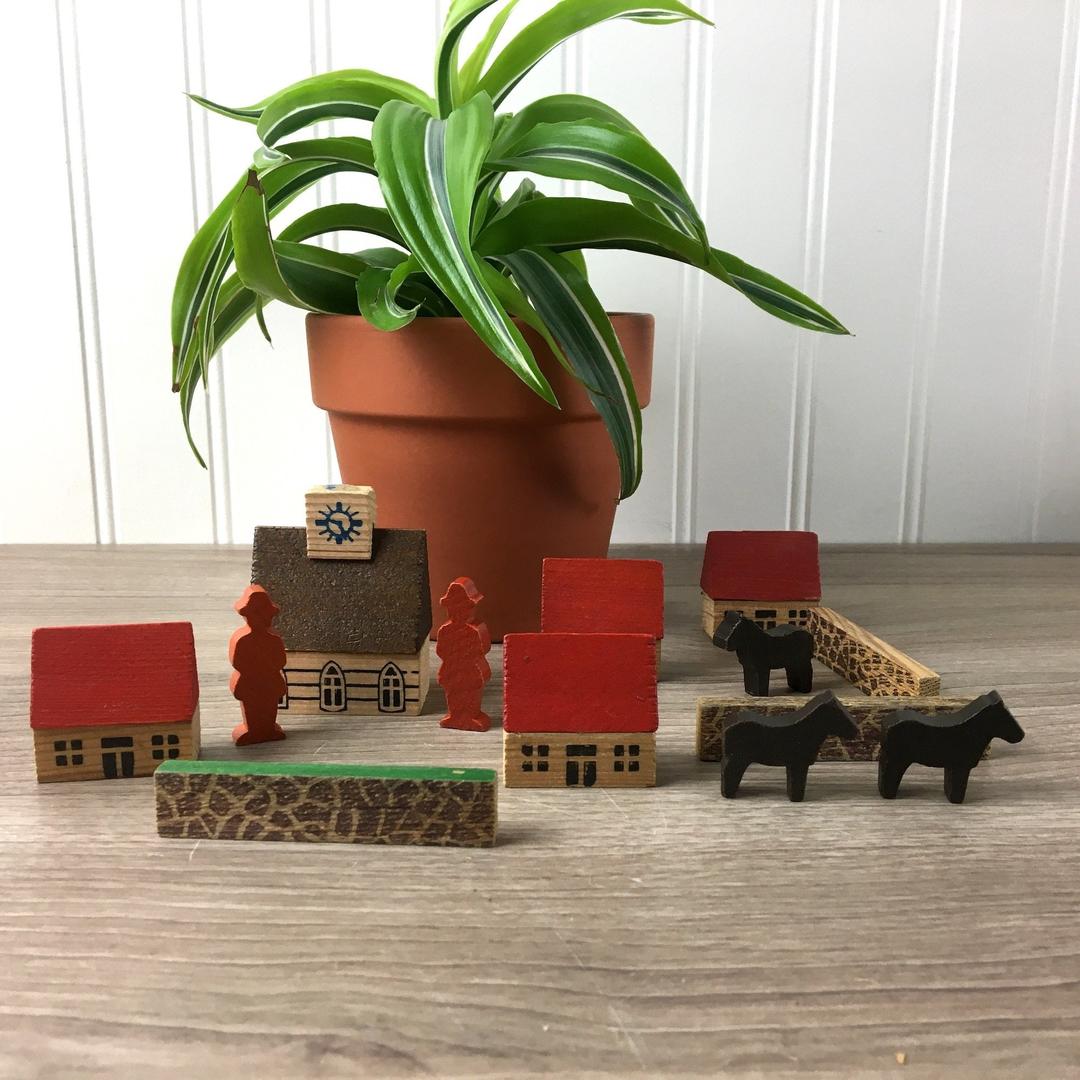 European wooden toy town Erzgebirge buildings, people and animals