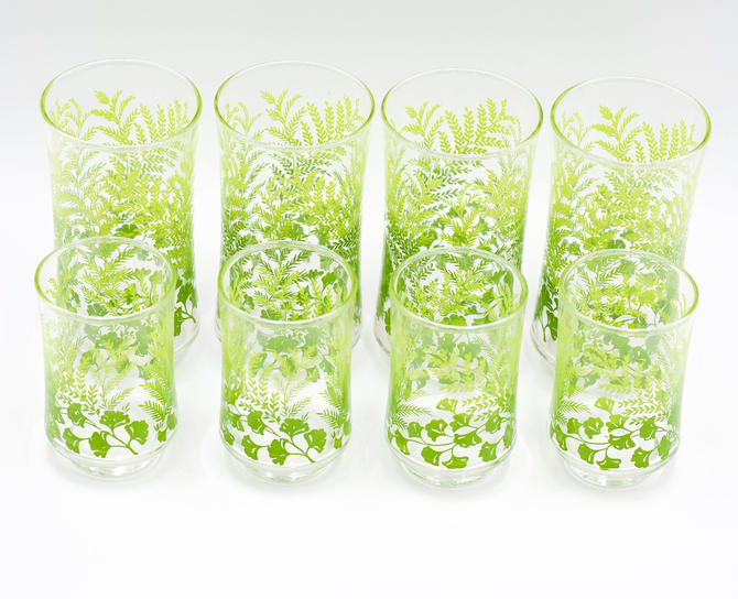 Green Glasses Tumblers White Fern Leaves Vintage Set Of 4