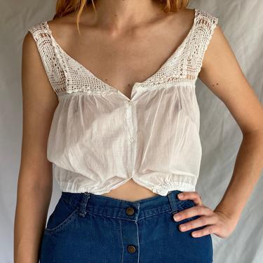 Antique Crop Top / White Crochet / Cropped Blouse / Ethereal Summer Shirt / Tank Top / Festival Top / Floral Crochet 