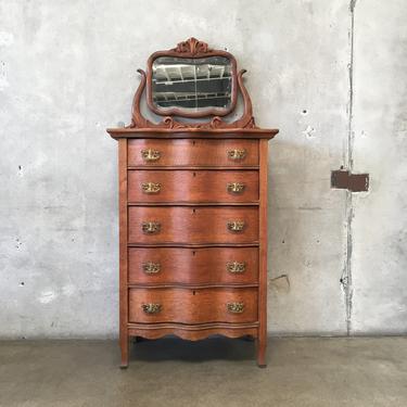 Antique American Oak Chest of Drawers with Beveled Mirror C. 1850-1890