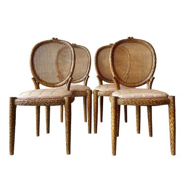 Set of 4 Carved Faux Bois Caneback French Dining Chairs 