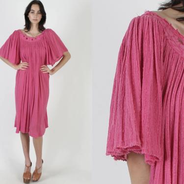Pink Angel Sleeve Gauze Dress / Thin Big Slv Cotton Dress / Crochet Cut Out Trim Dress / 80s Kimono Festival Grecian Maxi Dress 