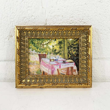 Vintage Framed Floral Print Gold Tiny Frame Pierre Bonnard &quot;Table Set in a Garden&quot; 1920 National Gallery of Art 1970 Exhibition 