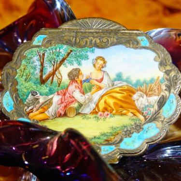 Antique Italian 800 Silver Gilt Enamel Hand Painted Powder Compact Mirror, Lovers In A Field Scene, Ornate Engraved Border &amp; Backside 
