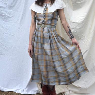 1950s Cotton Dress / Cute Plaid and White Collar Dress / 50s Cotton / Semi Sheer Cotton Organdy / Fall Winter Dress / CEO Secretary Dress 